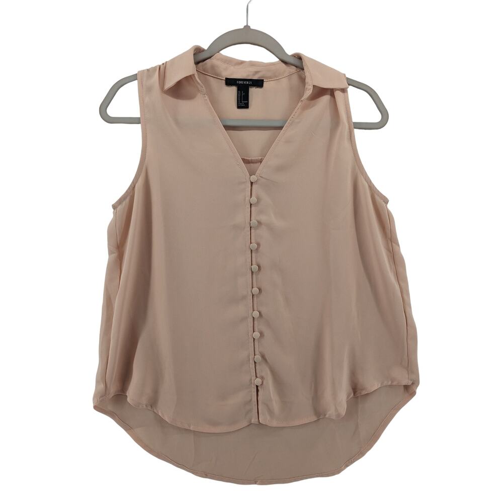 Forever 21 Button Front Blouse Small Peach Sleeveless Collared Hi Low VNeck Work